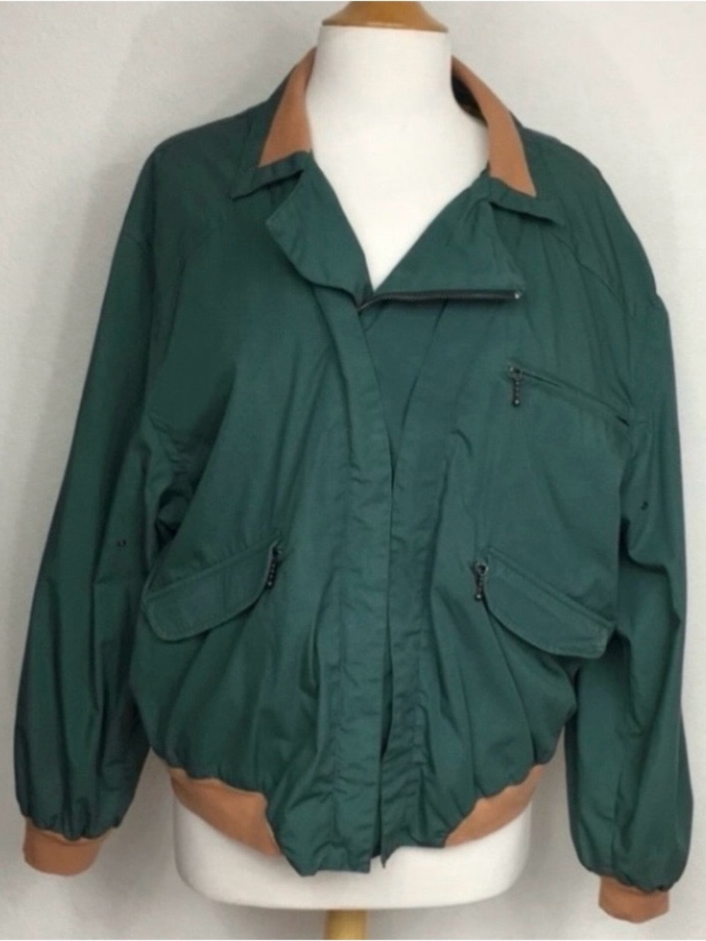 Vintage Benetton Womens Green Tan Utility Bomber Jacket Size XL Retro Streetwear